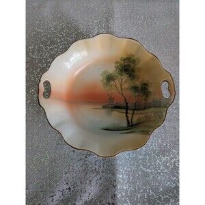 Hand Painted Vtg Nippon Oval Trinket Dish Windmill Orange Green Sunset Gold Trim
